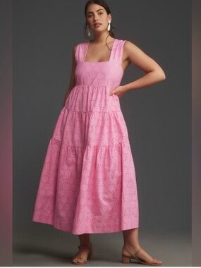 Anthropologie Pink Eyelet Tiered Maxi Dress